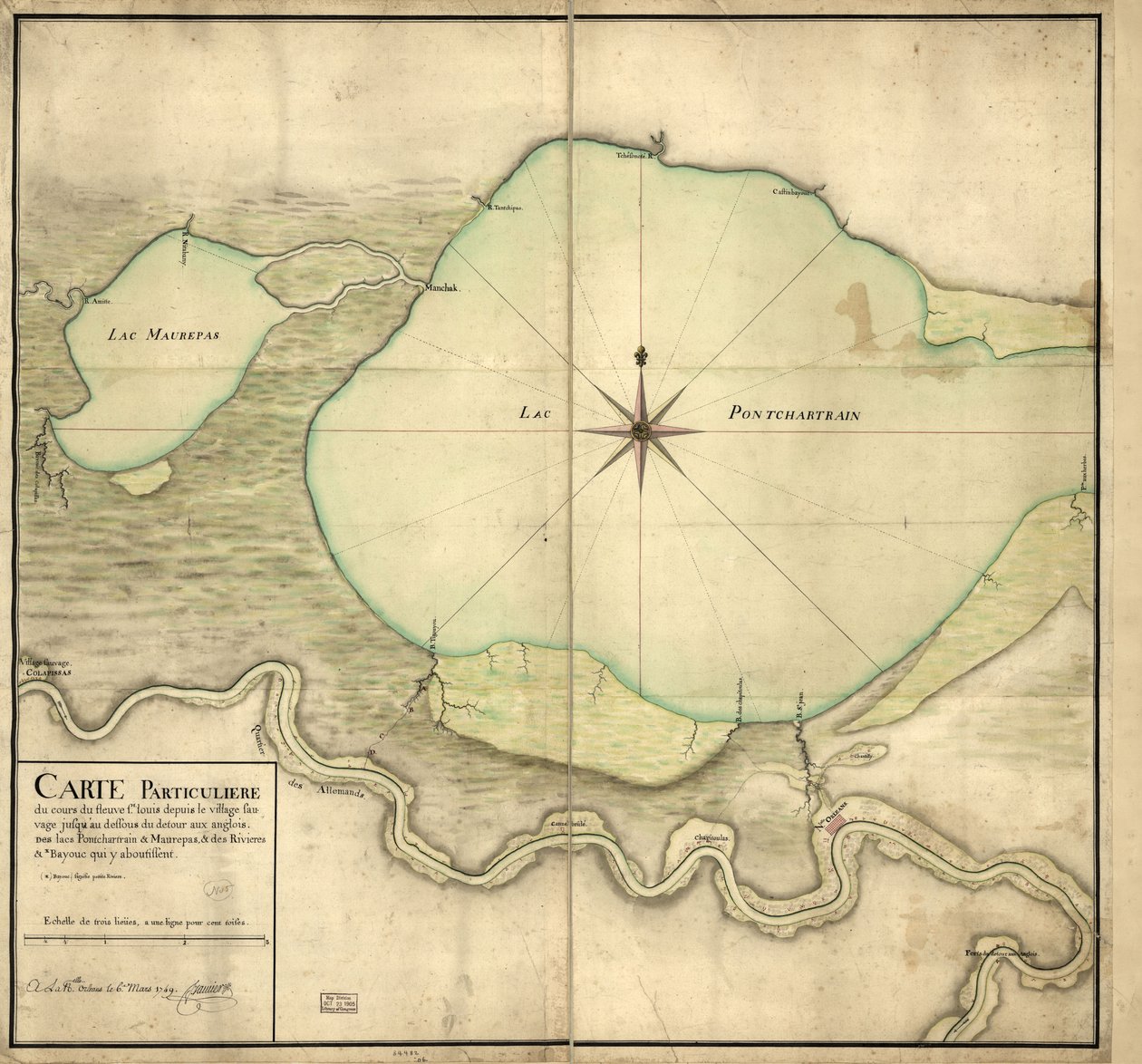 Carta particolare del corso del fiume St. Louis dal villaggio selvaggio fino al di sotto del Detour aux Angloix, dei laghi Pontchartrain e Maurepas e dei fiumi e bayou che vi affluiscono da F. Saucier