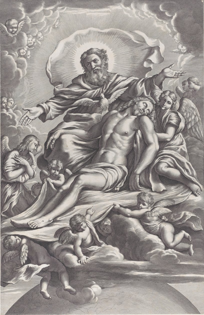 La Santissima Trinità, con il Cristo morto al centro circondato da angeli, Dio Padre, ..., 1650-90 da F. de Louvement