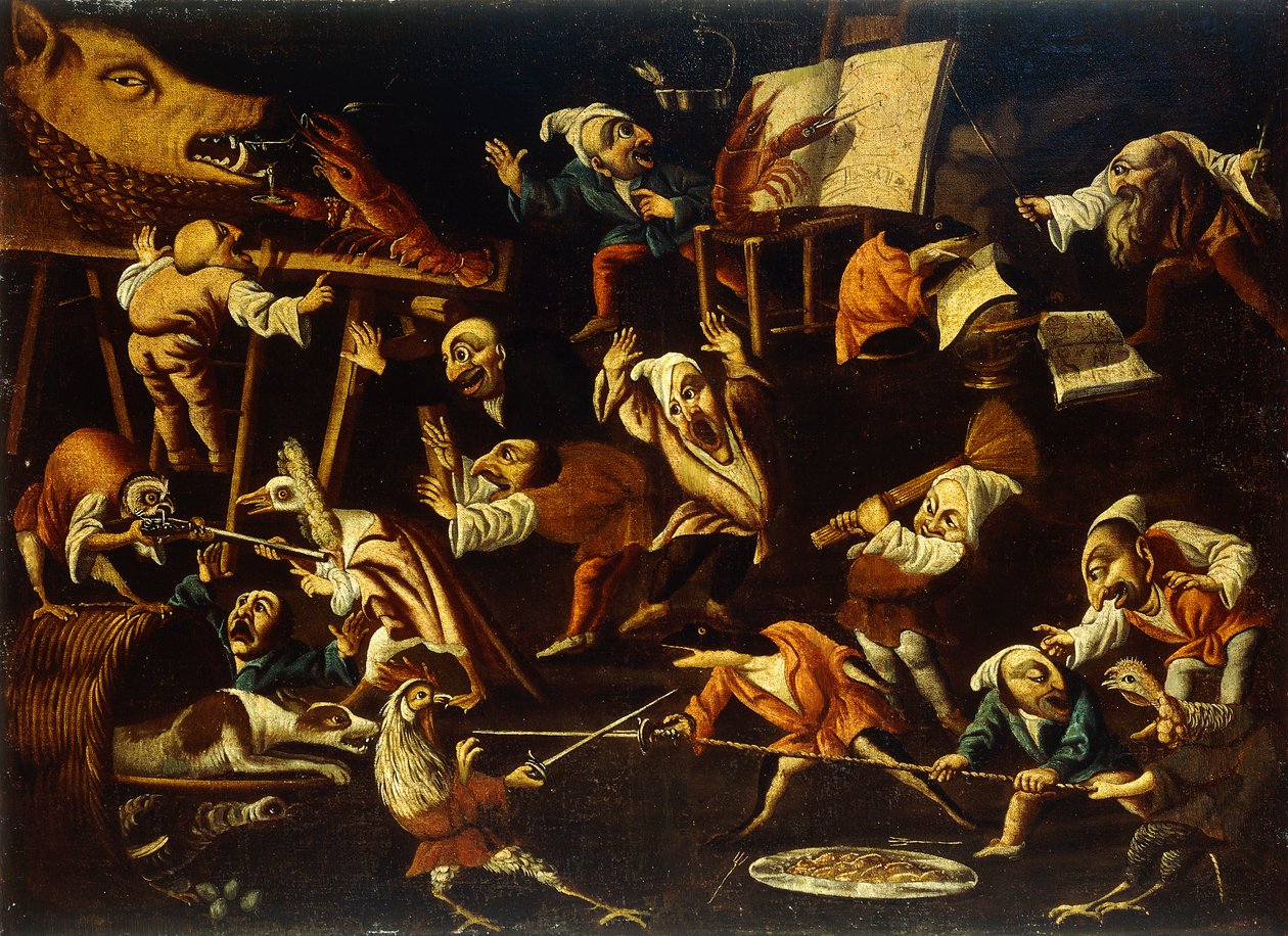 Animali immaginari e nani che combattono, bevono e festeggiano da Faustino Bocchi or Boccasi