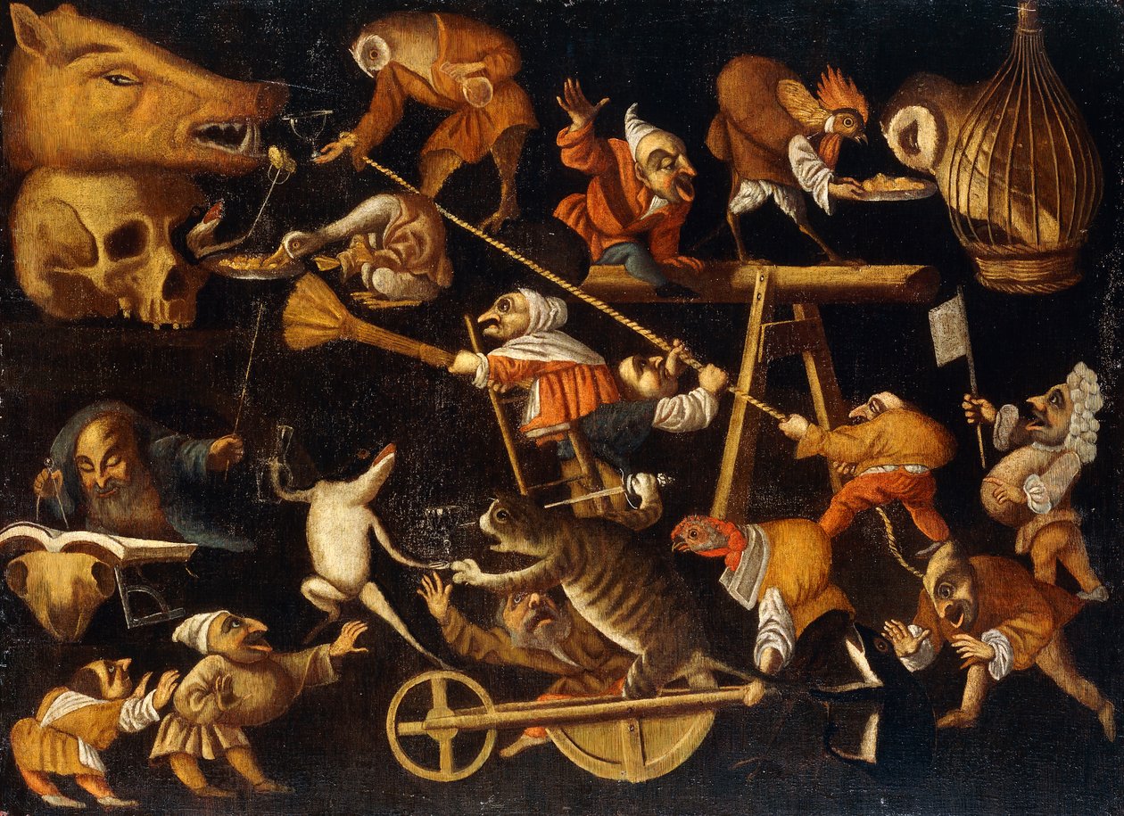 Animali immaginari e nani che combattono, bevono e festeggiano da Faustino Bocchi or Boccasi