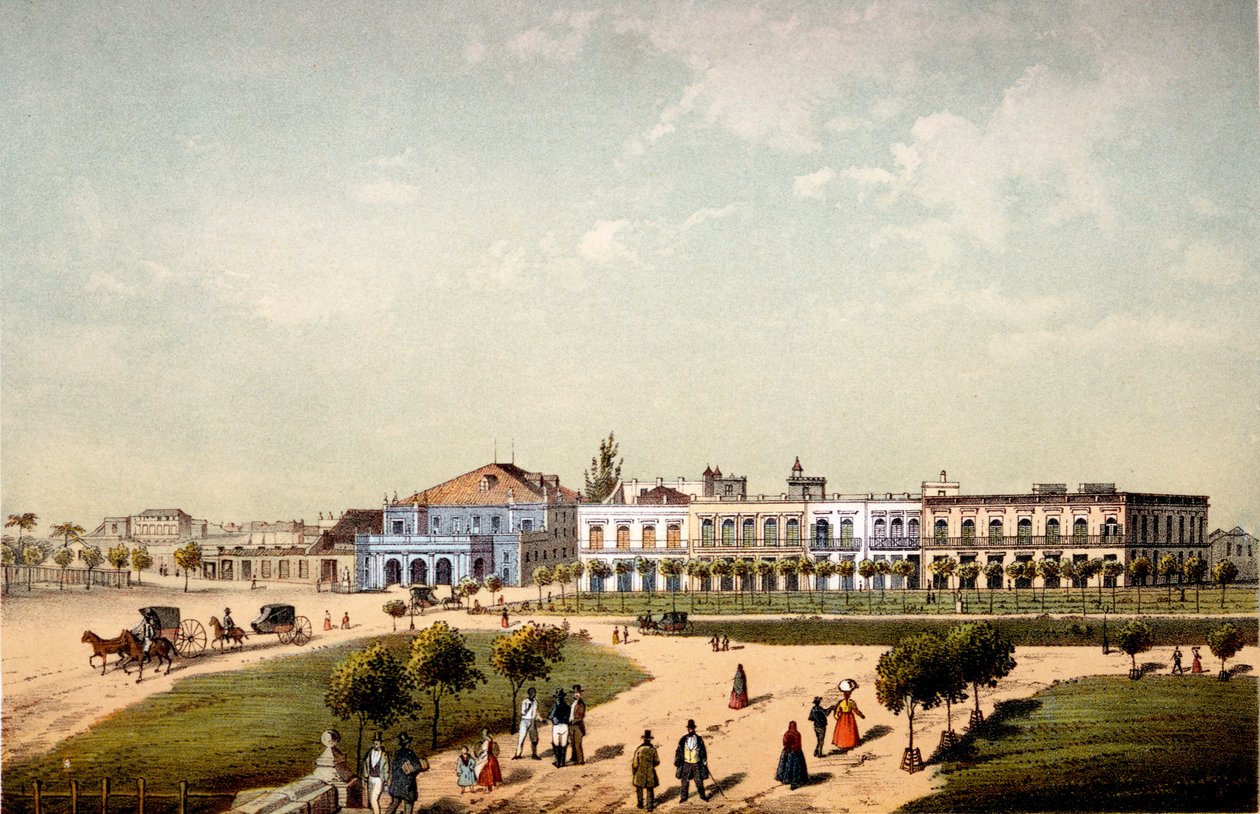 Teatro de Tacon e parte del Paseo de Isabel II, visto dalla Porta di Monseratte, 1840 da Federico Mialhe