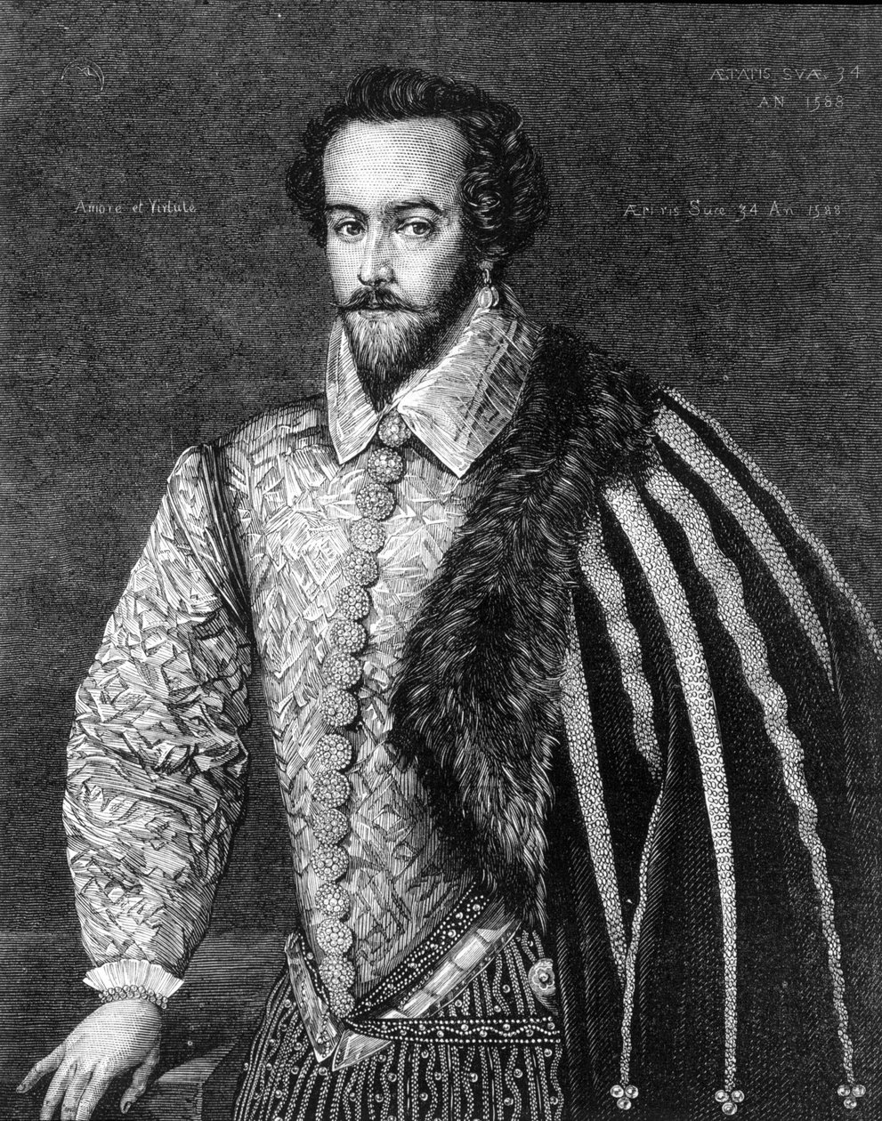 Ritratto di Sir Walter Raleigh (1554 - 1618), navigatore, cortigiano e scrittore inglese. Incisione da un dipinto attribuito a Federico Zuccaro (o Zuccari) (1549 - 1609) del 1588 da Federico (after) Zuccari or Zuccaro