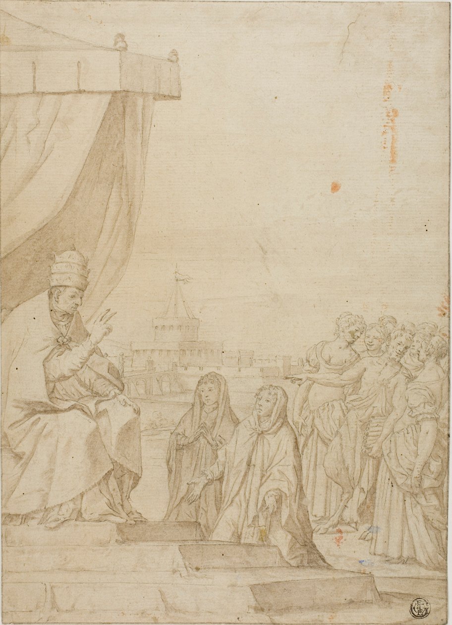 Papa benedice due donne alla presenza di un satiro e di donne riunite con Castel Sant