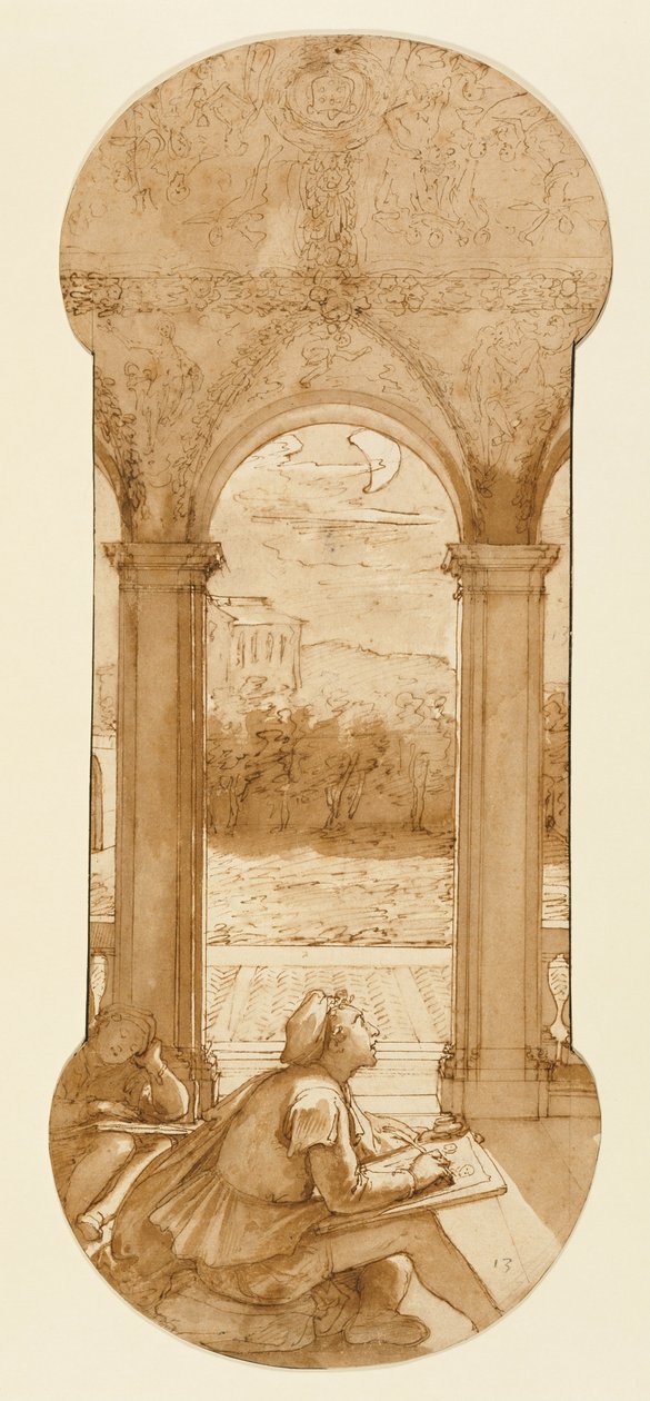 Taddeo copia gli affreschi di Raffaello nella Loggia di Villa Farnesina, dove è anche rappresentato addormentato da Federico Zuccaro