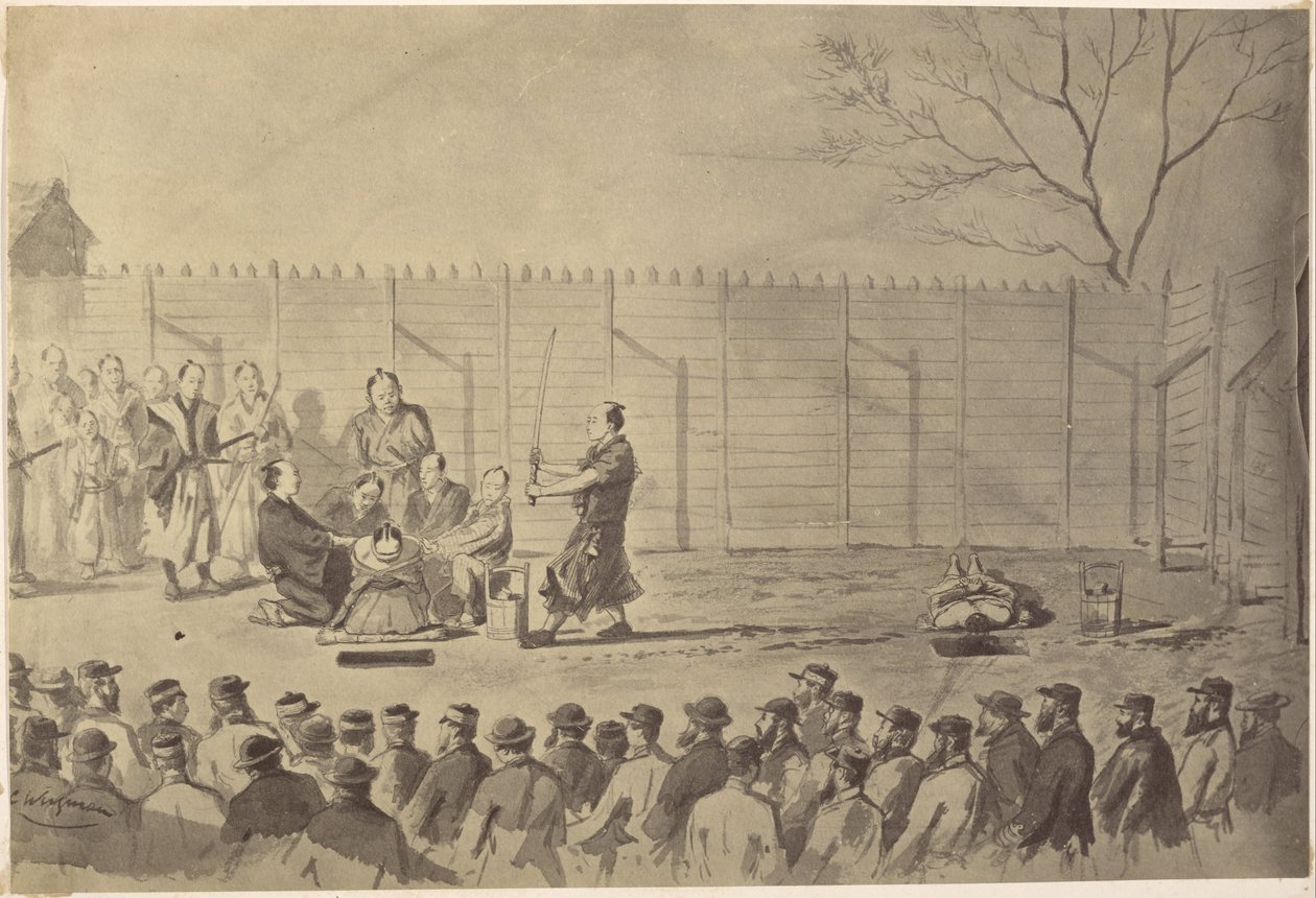 Copia fotografica di un disegno di un uomo giapponese in procinto di essere decapitato di Charles Wirgman da Felice Beato
