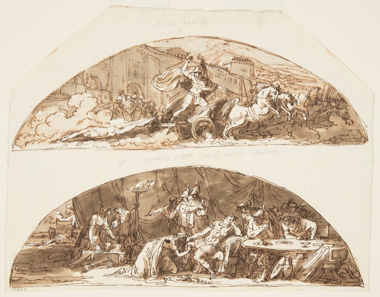 Achille trascina il corpo di Ettore intorno alle mura di Troia, Priamo implora per il corpo di Ettore, Disegni per il soffitto della Galleria di Achille, Palazzo Milzetti, Faenza, Italia da Felice Giani