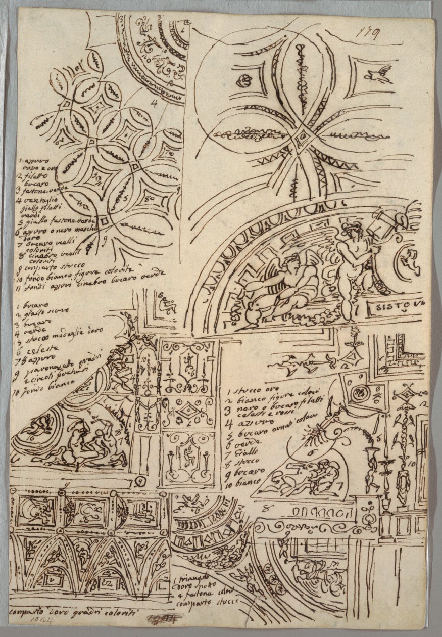 Studi Decorativi di Soffitti con Grottesche; Studi di Monumento con Sigillo Papale, Sisto V da Felice Giani