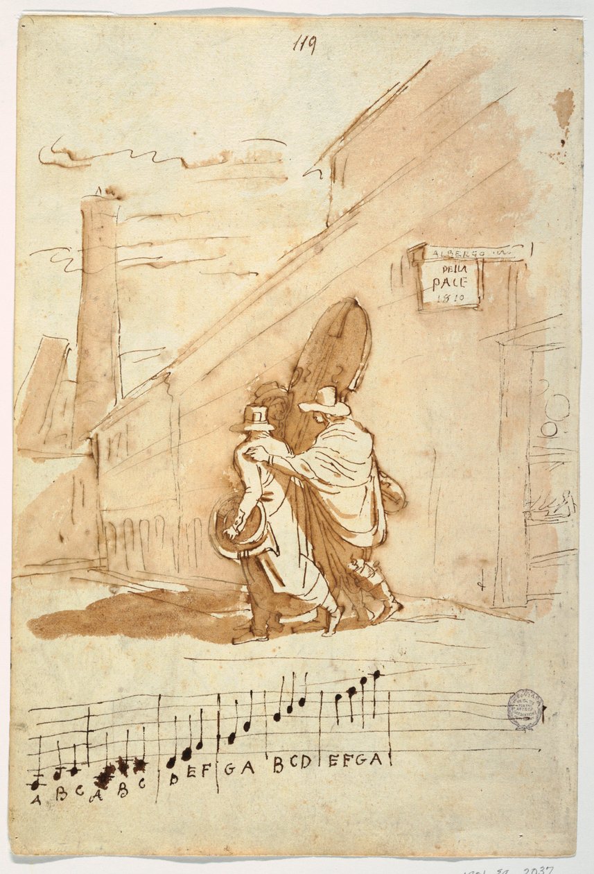Disegno, Recto:  Tre musicisti davanti all