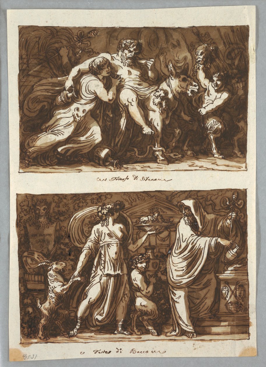 Disegno, foglio da un quaderno di schizzi:  Il trionfo di Sileno; sacrificio a Bacco, 1800-1810 da Felice Giani