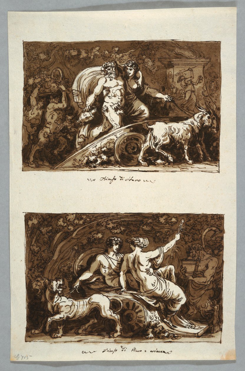 Disegno, foglio da un quaderno di schizzi: Trionfo di Sileno e Trionfo di Bacco e Arianna, 1800-1802 da Felice Giani