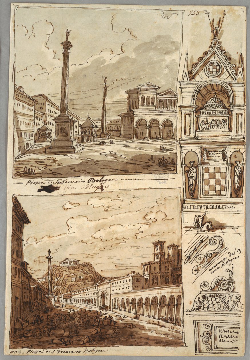 Piazza San Domenico a Bologna; Piazza San Francesco e Villa Aldini a Bologna; Studio della tomba dei Glossatori da Felice Giani