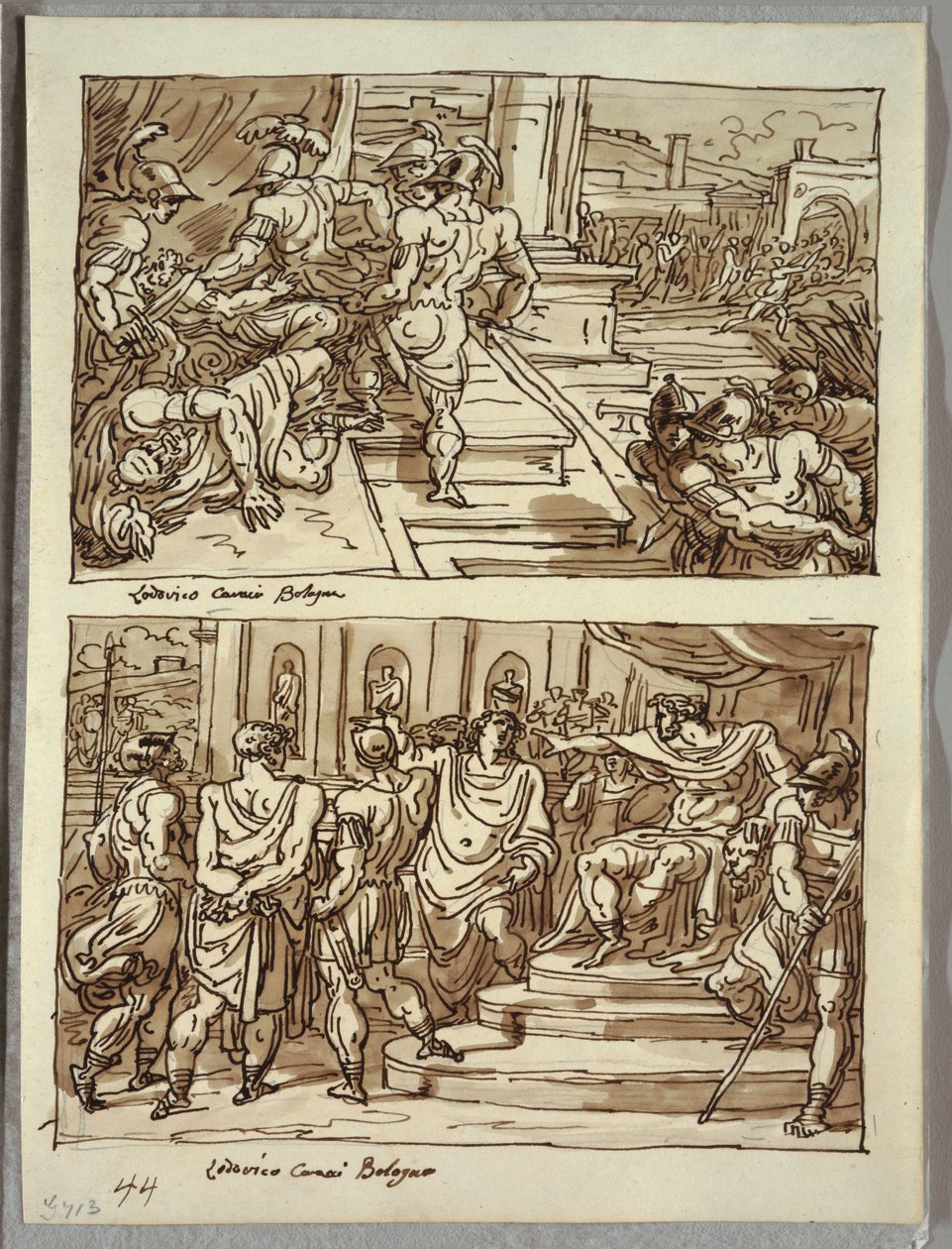 Remo uccide il re Amulio; Remo condotto in catene davanti al re Amulio; Due studi dopo Carracci da Felice Giani