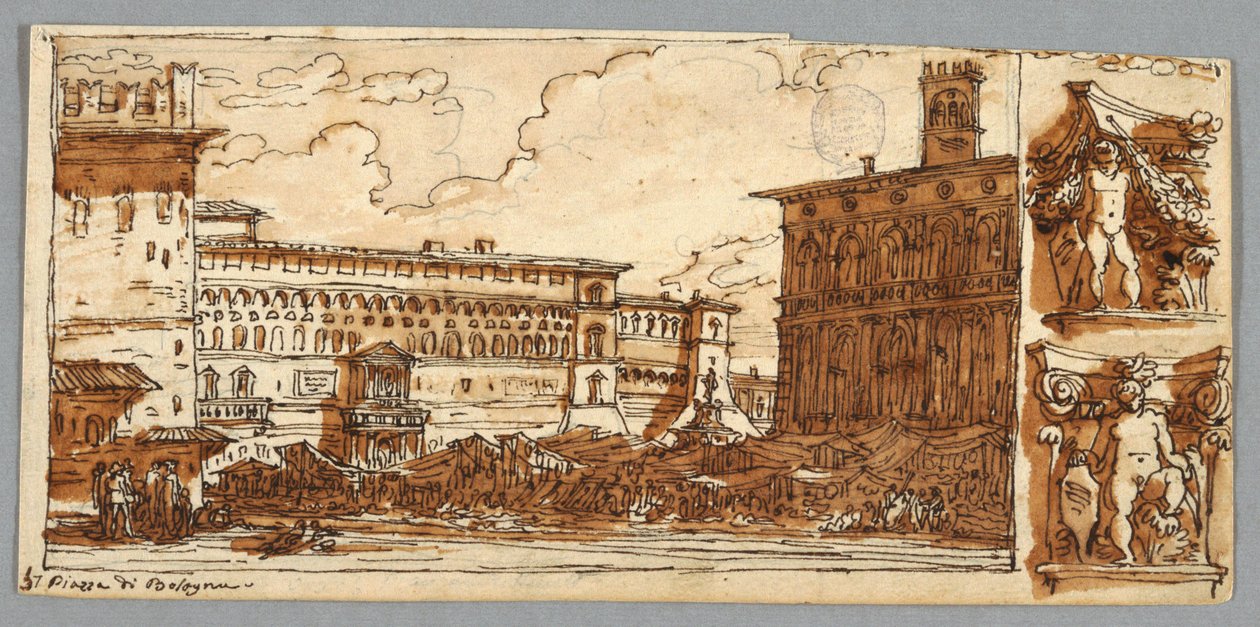Pagina di taccuino, Folio 57: Studio dopo Piazza Emmanuelle a Bologna; Verso, Dettaglio architettonico da Felice Giani