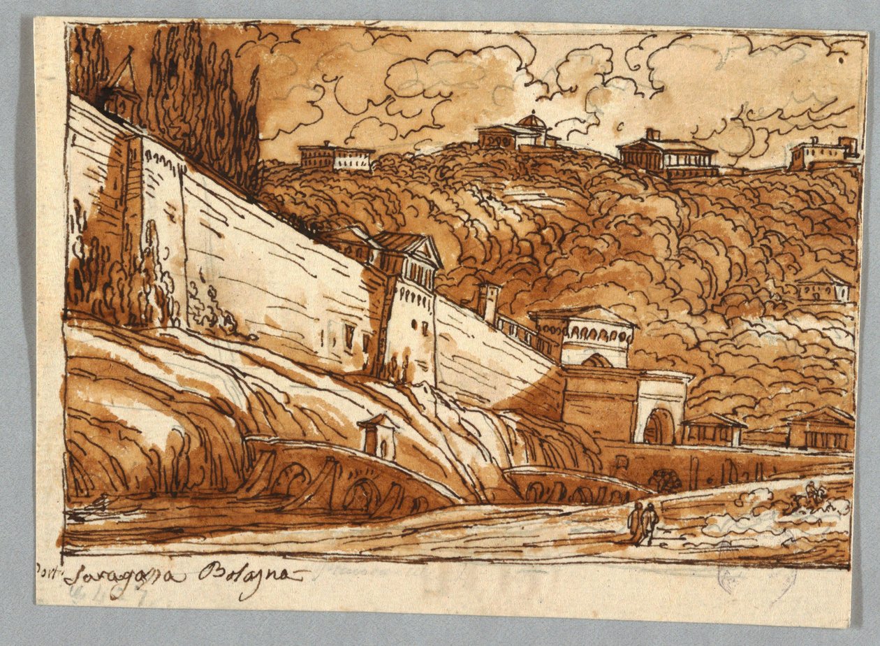 Pagina di taccuino, Folio 57: Studio dopo Porta di Saragossa a Bologna; Verso, dettagli architettonici da Felice Giani
