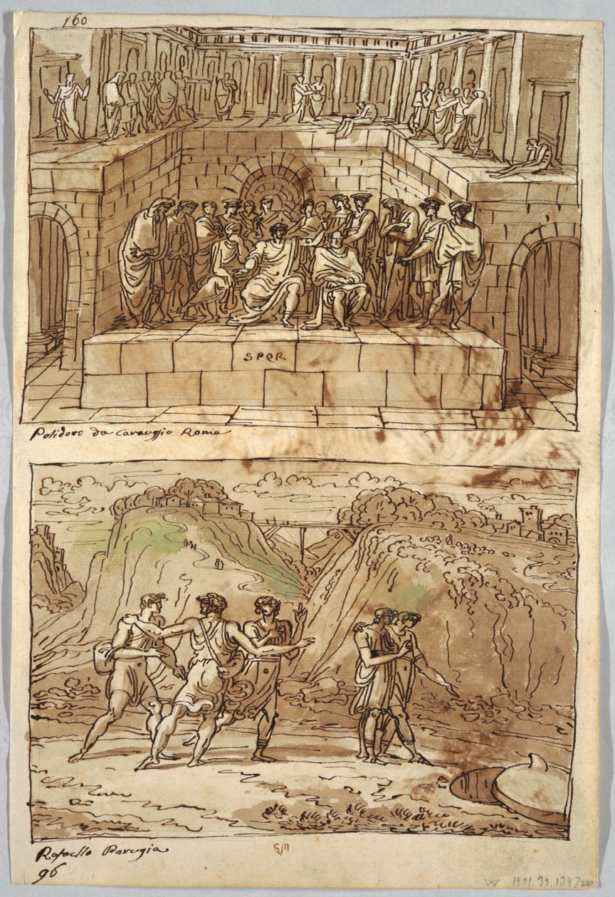 Pagina di taccuino, foglio 98: Due dipinti dopo Caravaggio e Raffaello; Verso: Aquila e bue da Felice Giani