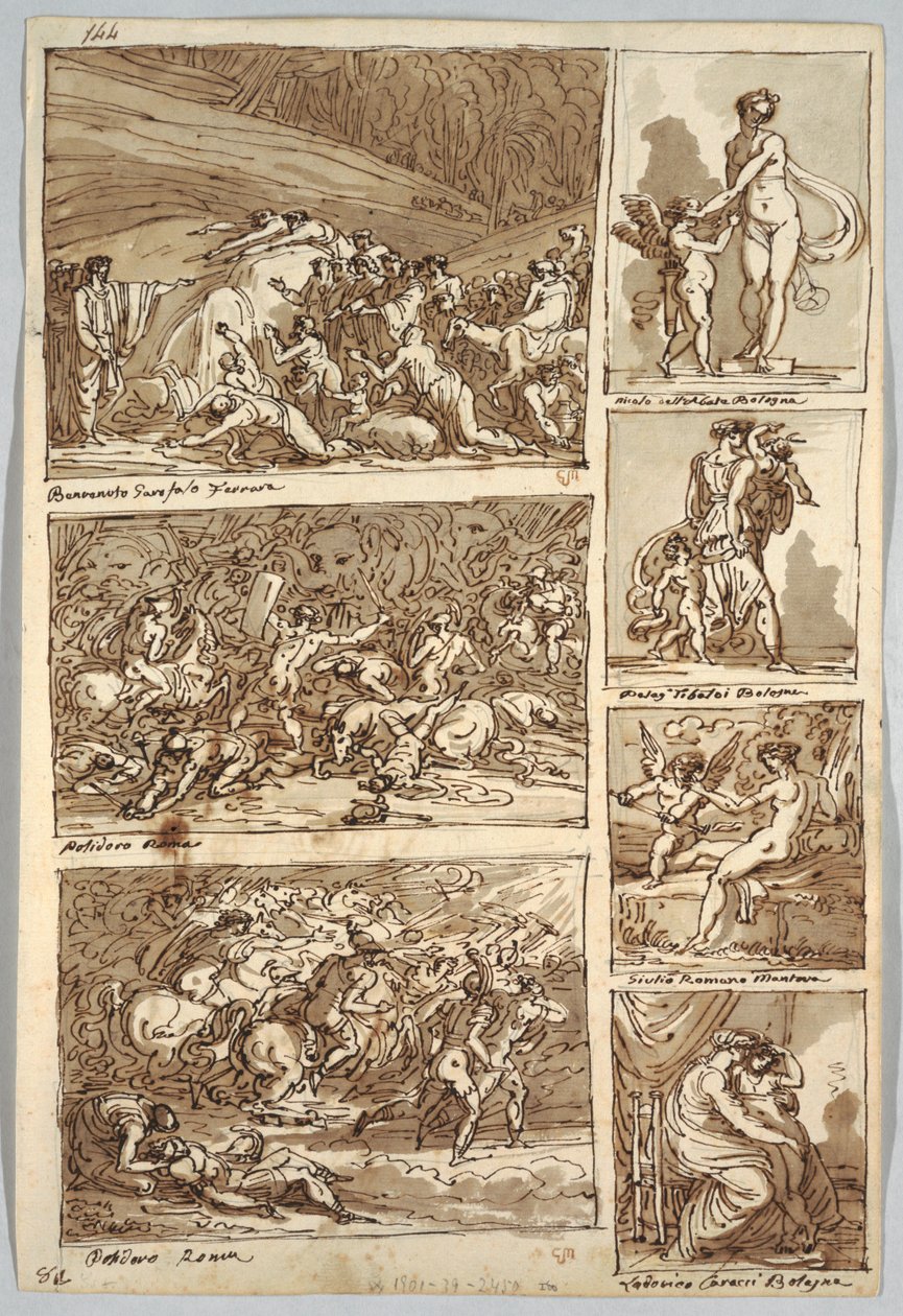 Pagina di taccuino: Studi dopo dipinti a Ferrara, Roma, Bologna, Mantova dopo artisti Tibaldi, Raffaello, Andrea del Sarto e Polidoro; Verso: Scheletro di uccello e testa di cavallo da Felice Giani