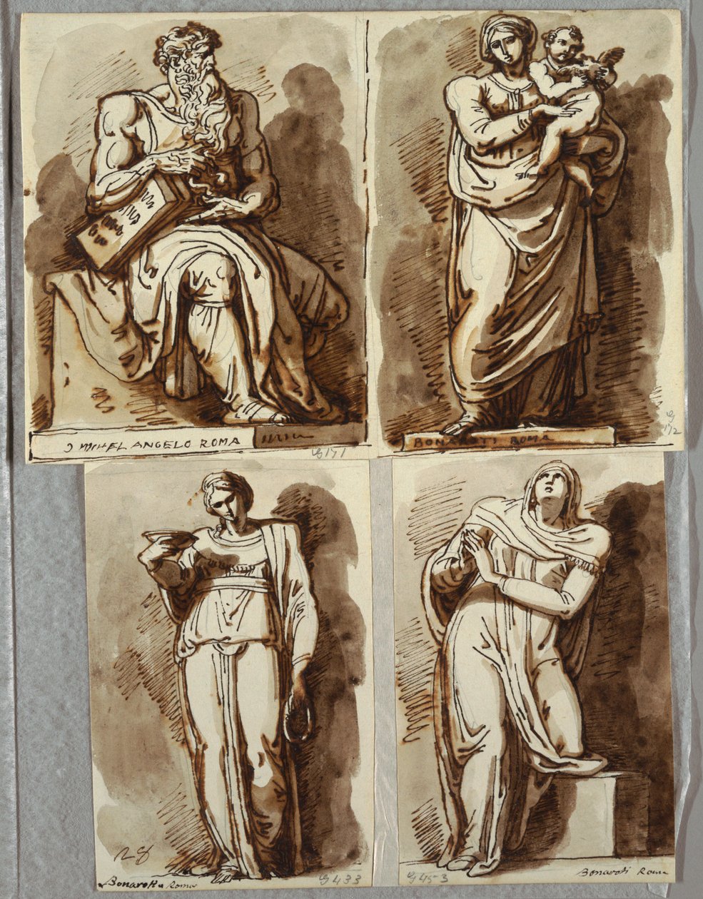 Studi su quattro statue sulla tomba di Giulio II, dopo Michelangelo: Mosè; Madonna col Bambino; Leah, Virtù; Rachele, Religione da Felice Giani