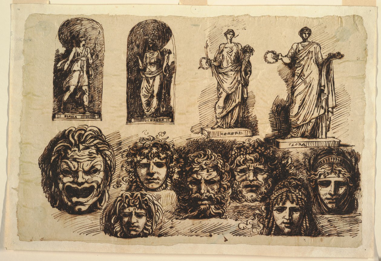 Studi per quattro statue e sette maschere da Felice Giani