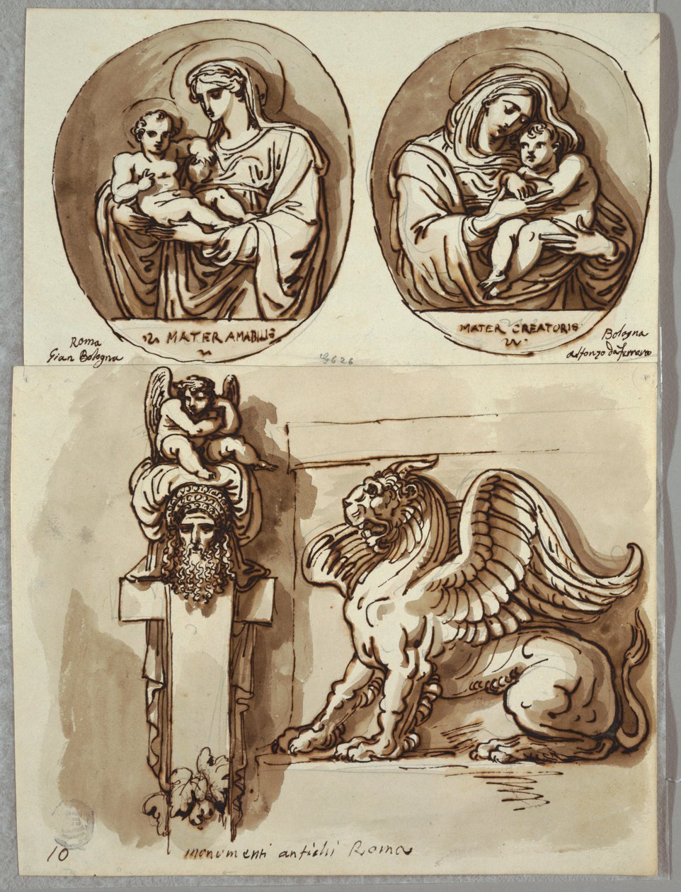 Due Disegni della Madonna e Bambino in Ovali, Studi dopo Giambologna e Alfonzo da Ferrero; Erma e Chimera, dopo Antico da Felice Giani