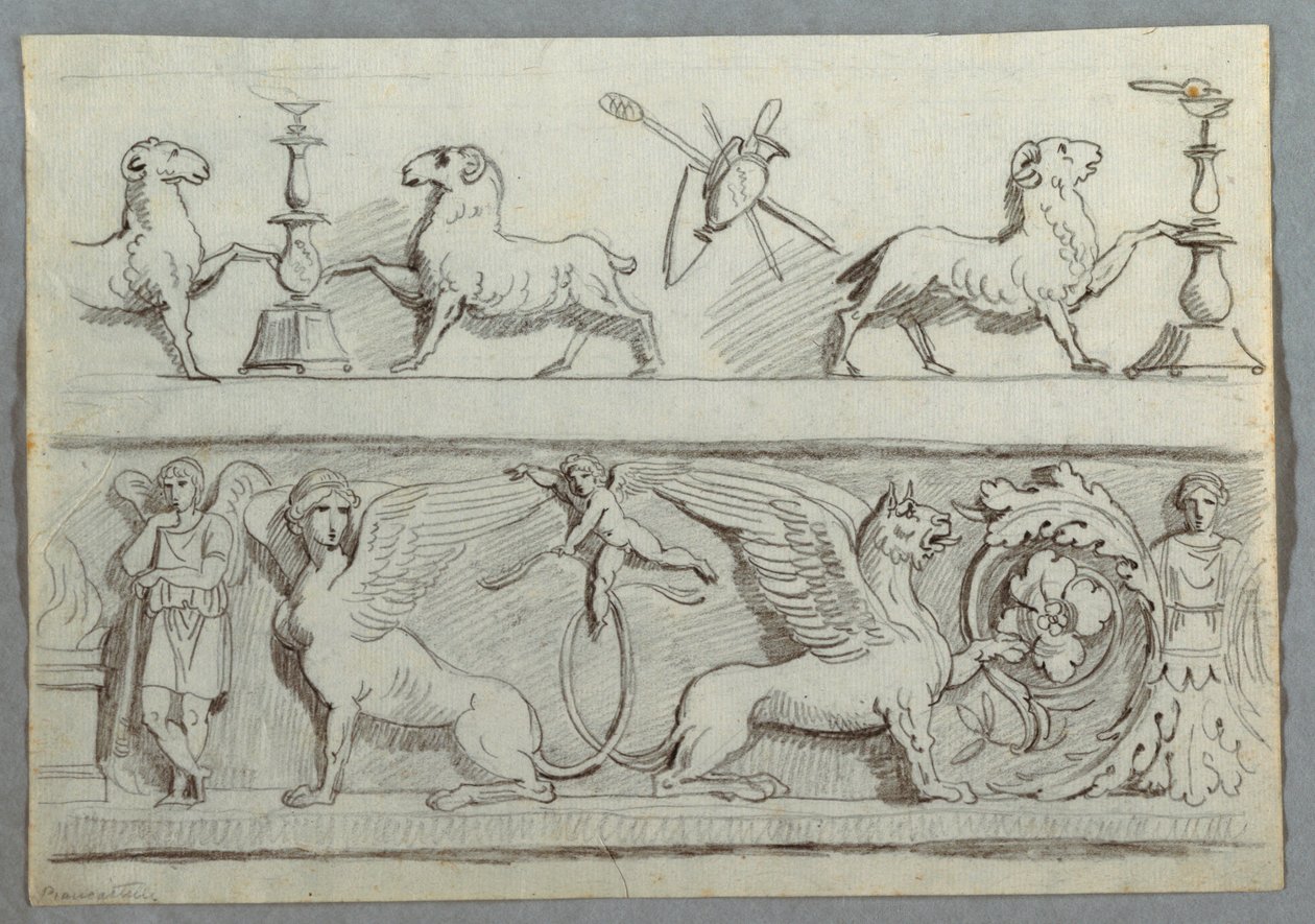 Due fregi con arieti, candelabri, trofei e putti da Felice Giani