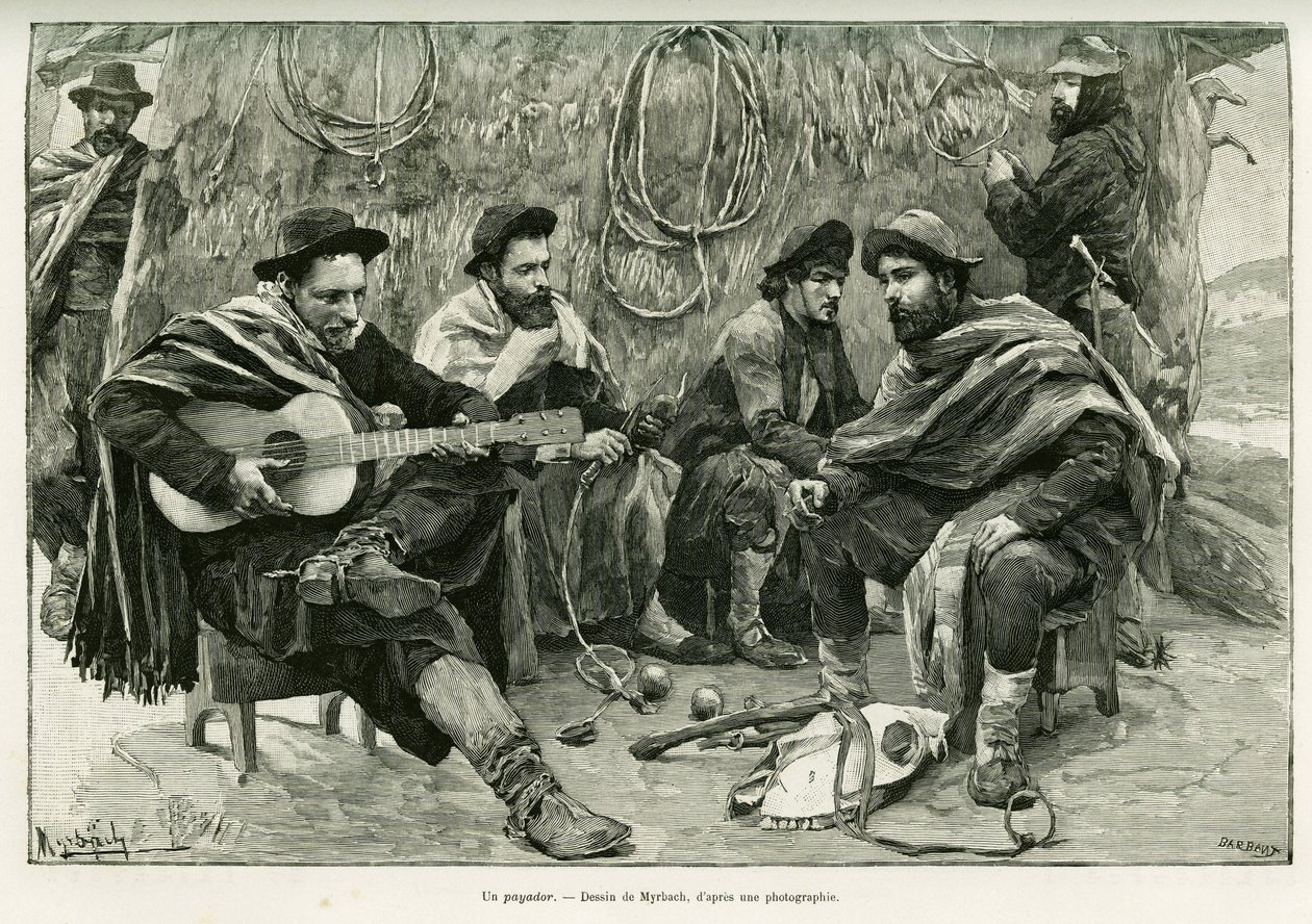 Un payador, duello in versi di cantanti ambulanti. Incisione di Myrbach, per illustrare la storia Viaggio alla Plata, nel 1886, di Emile Daireaux, in Le Tour du monde 1888, diretto da Edouard Charton (1807-1890), Hachette, Parigi. da Felicien baron de Myrbach Rheinfeld