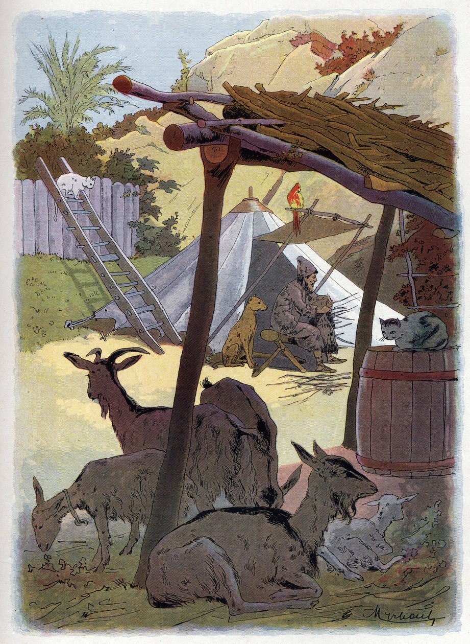 La casa di Robinson Crusoe con i suoi animali da Felicien baron de Myrbach Rheinfeld