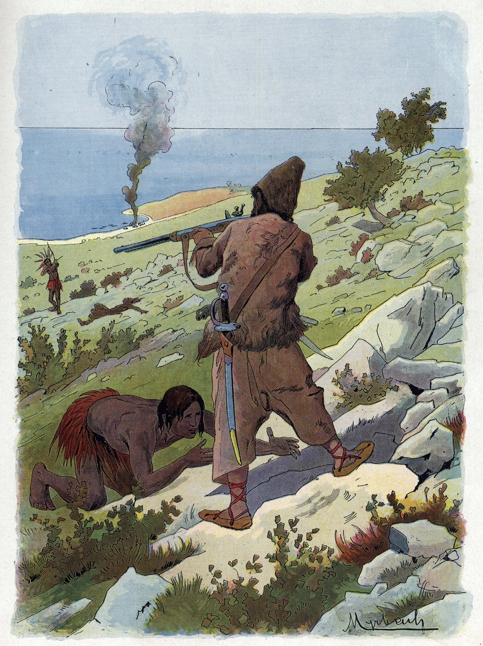 Robinson Crusoe uccide i selvaggi che inseguono Venerdì da Felicien baron de Myrbach Rheinfeld