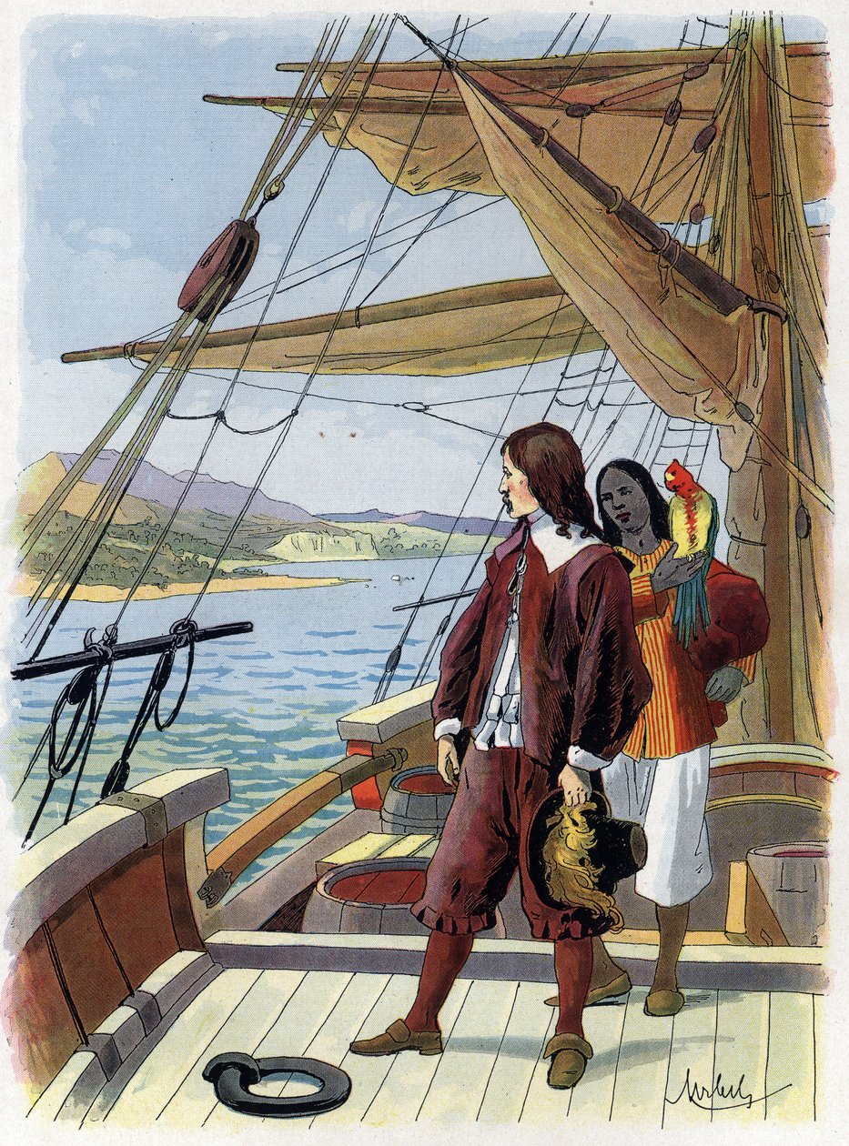Robinson Crusoe lascia la sua isola - Illustrazione di Felician Myrbach Myrbach Rheinfeld (1853-1940) per il libro di Daniel Defoe Robinson Crusoe. Circa 1934 da Felicien baron de Myrbach Rheinfeld
