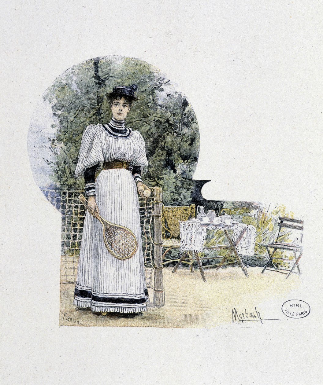 Giovane donna su un campo da tennis - incisione, fine XIX secolo da Felicien baron de Myrbach Rheinfeld
