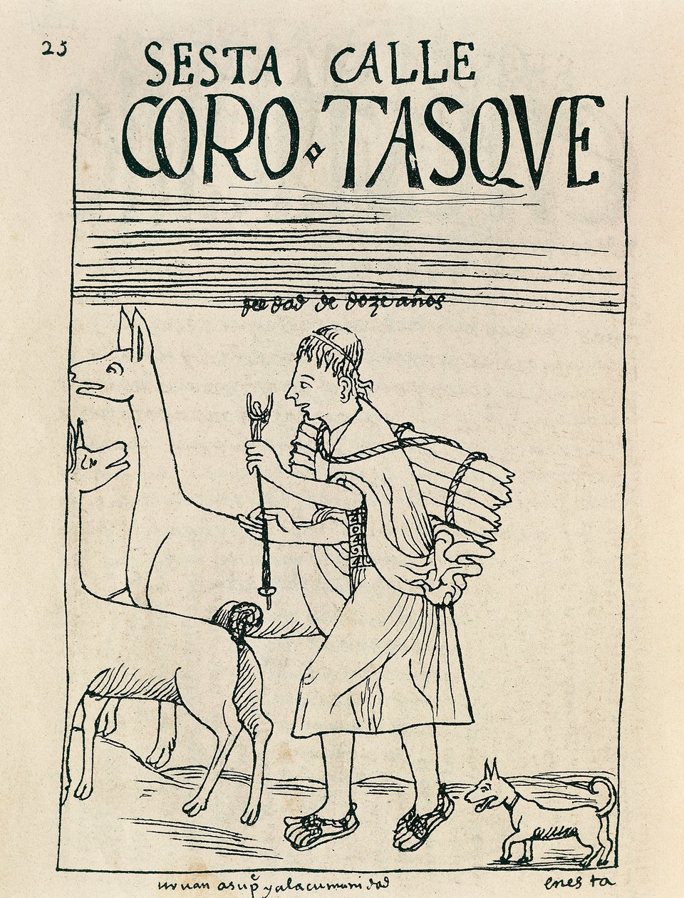 Un giovane che raduna lama e raccoglie legna da Felipe Huaman Poma de Ayala