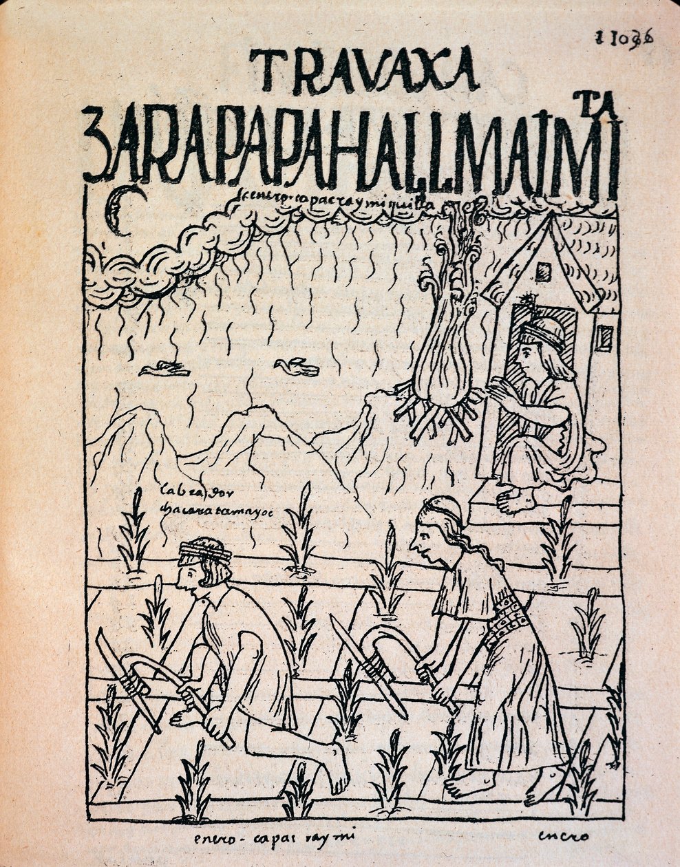 Una coppia di Inca Hatun Runa che lavora nei campi a gennaio da Felipe Huaman Poma de Ayala