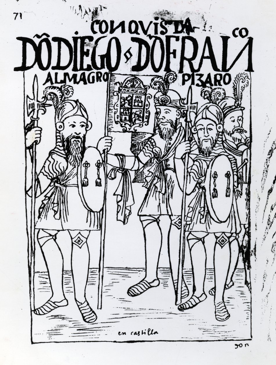 I conquistadores Diego de Amagro e Francisco Pizarro riconciliati a Castiglia da Felipe Huaman Poma de Ayala