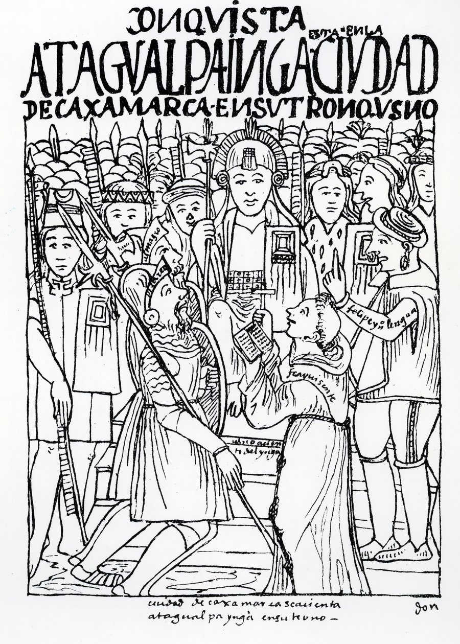Diego de Almagro, Francisco Pizarro e Fra Vicente de Valverde inginocchiati davanti ad Atahualpa Inca a Cajamarca da Felipe Huaman Poma de Ayala