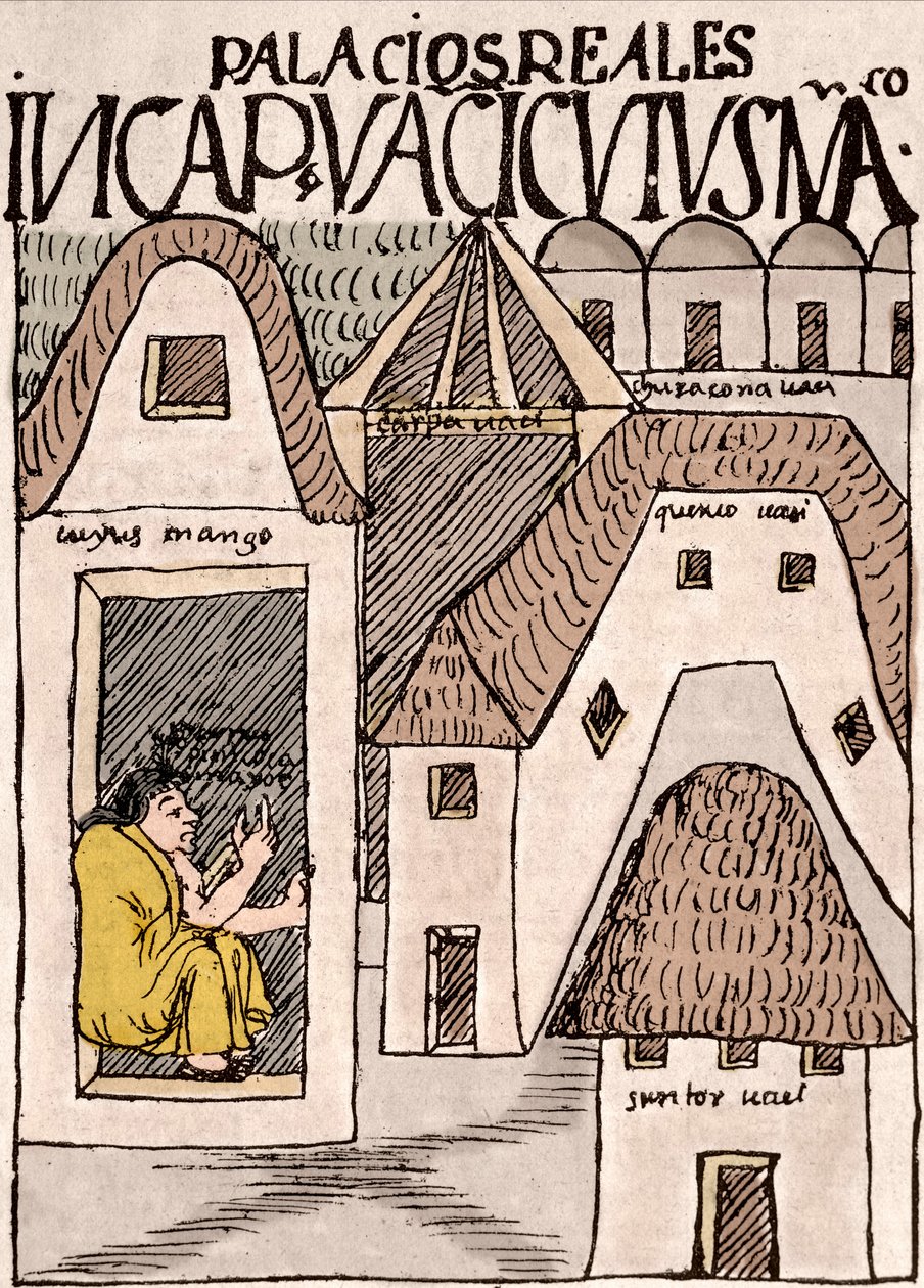 Impero Inca: Templi e Palazzi a Cuzco, Perù - Disegno a inchiostro dal manoscritto "Nueva coronica y buen gobierno" di Don Felipe Puma de Ayala che illustra la vita degli Incas, circa 1587 Lima, Museo Nacional de Antropologia, Arqueologia e Historia de da Felipe Huaman Poma de Ayala