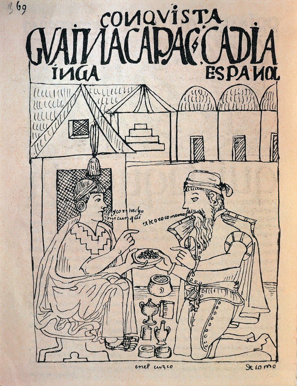 Inca di Cuzco e conquistador inglese che ricevono doni in cambio della libertà dell