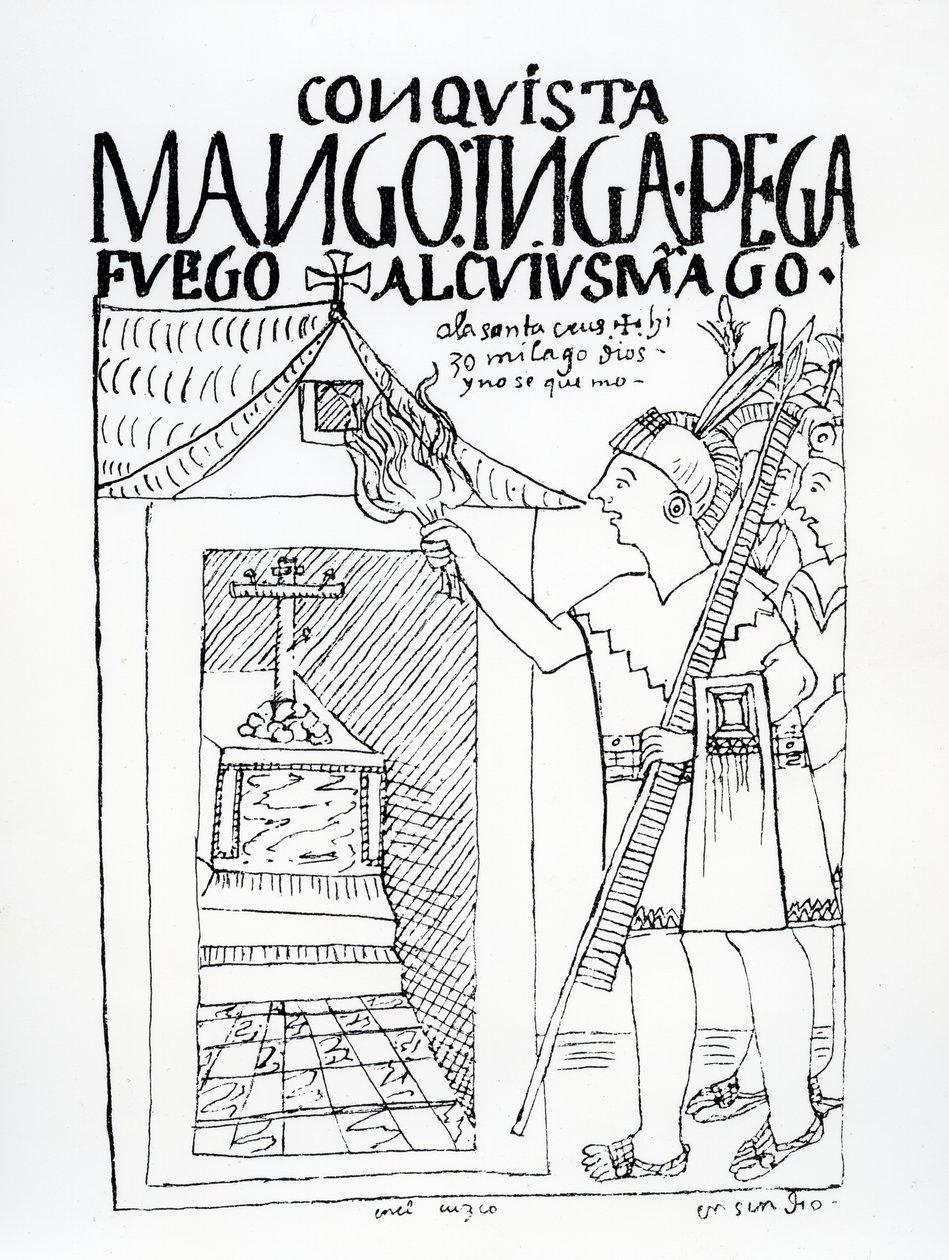Manco Inca tenta di bruciare il palazzo Inca di Cuyus Mango, convertito per il culto cristiano, ma Dio interviene da Felipe Huaman Poma de Ayala