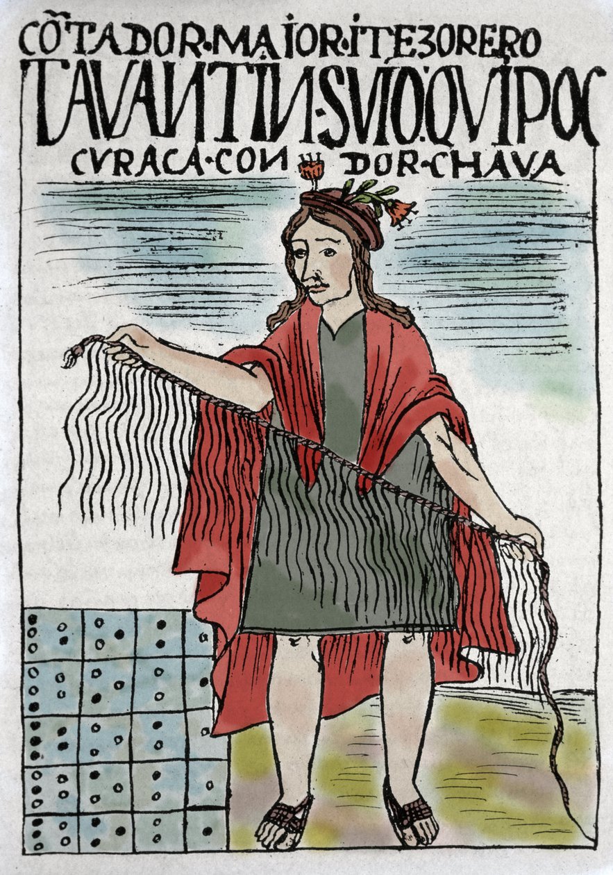Quipu sistema di contabilità Inca in corde e nodi, cultura Inca 1400-1532 d.C., manoscritto di Felipe Guaman Poma de Ayala (Nueva Coronica y buen Gobierno), cronista indiano del XVI secolo. da Felipe Huaman Poma de Ayala