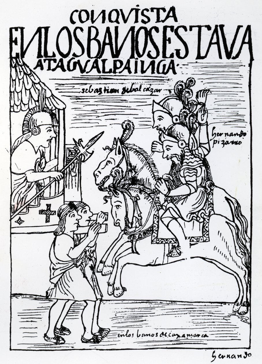 Sebastian de Benalcazar e Hernando Pizarro affrontano Atahualpa Inca alle Terme Reali di Cajamarca da Felipe Huaman Poma de Ayala