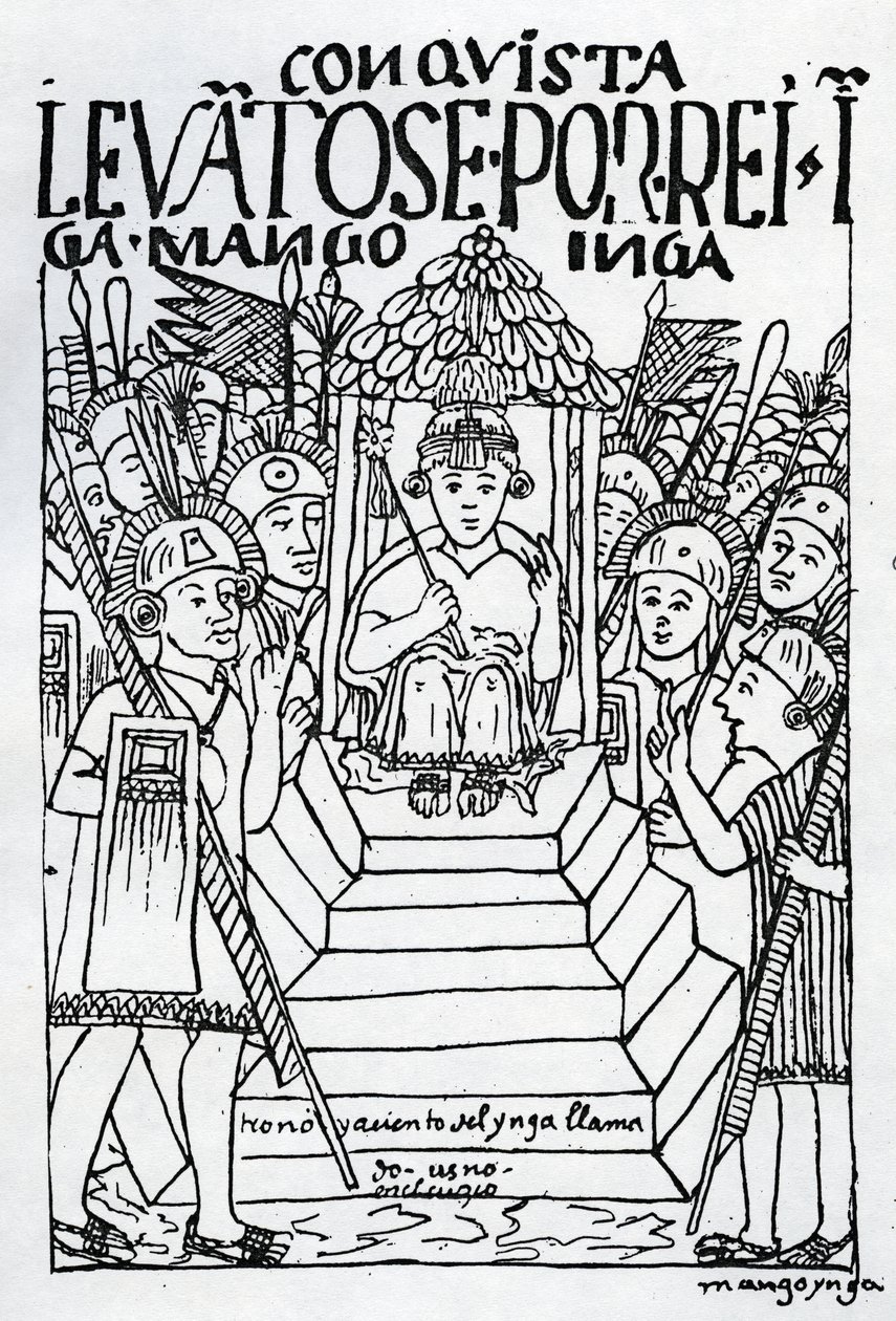 Il neoincoronato Manco Inca sul trono a Cuzco da Felipe Huaman Poma de Ayala