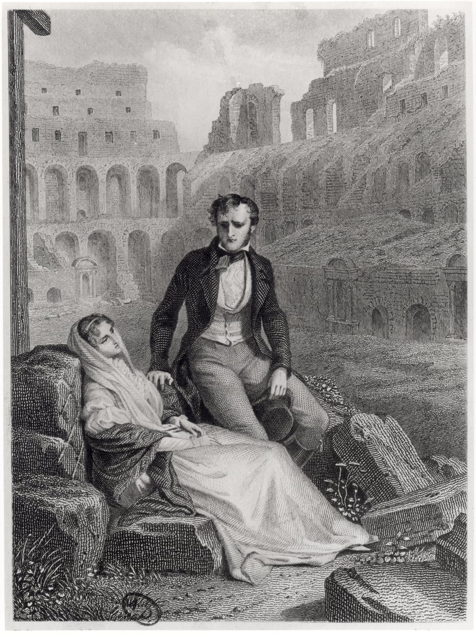 Francois Rene Vicomte de Chateaubriand e Pauline de Beaumont nelle rovine del Colosseo, illustrazione da 