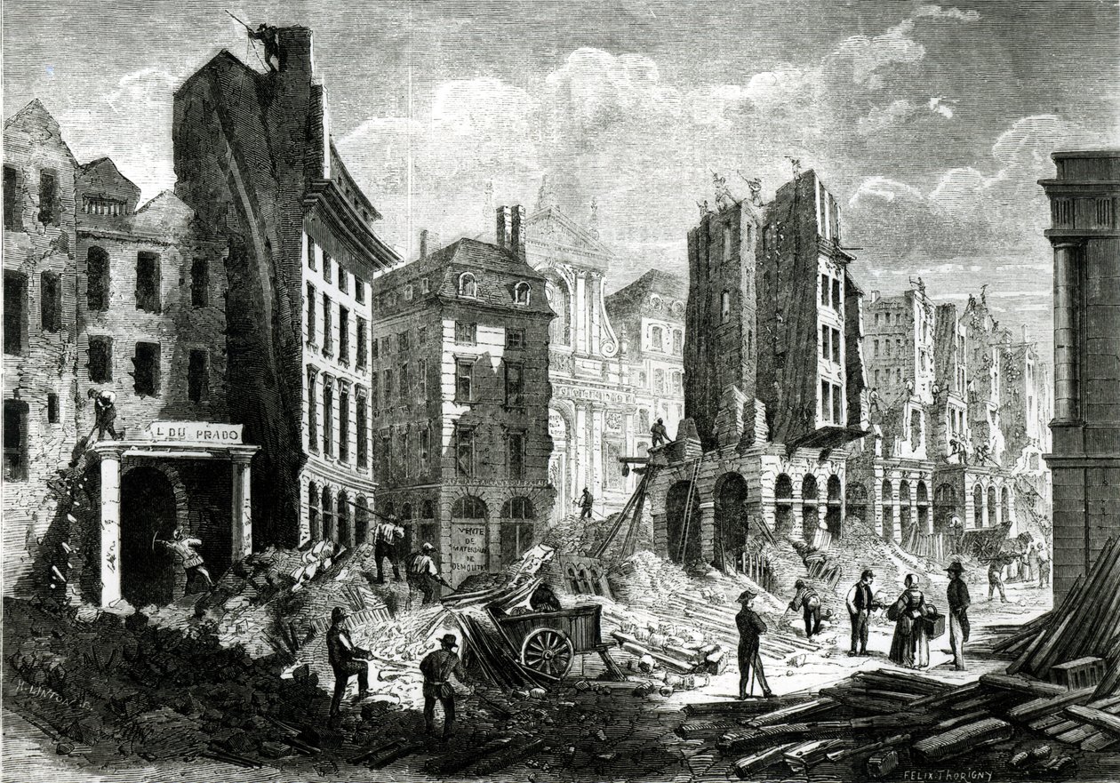 Costruzione del Boulevard de Sebastopol (ora Boulevard du Palais), nel Secondo Impero. Veduta della demolizione della Rue de la Barillerie nel 1859, pub. da Henry Duff Linton da Felix Thorigny
