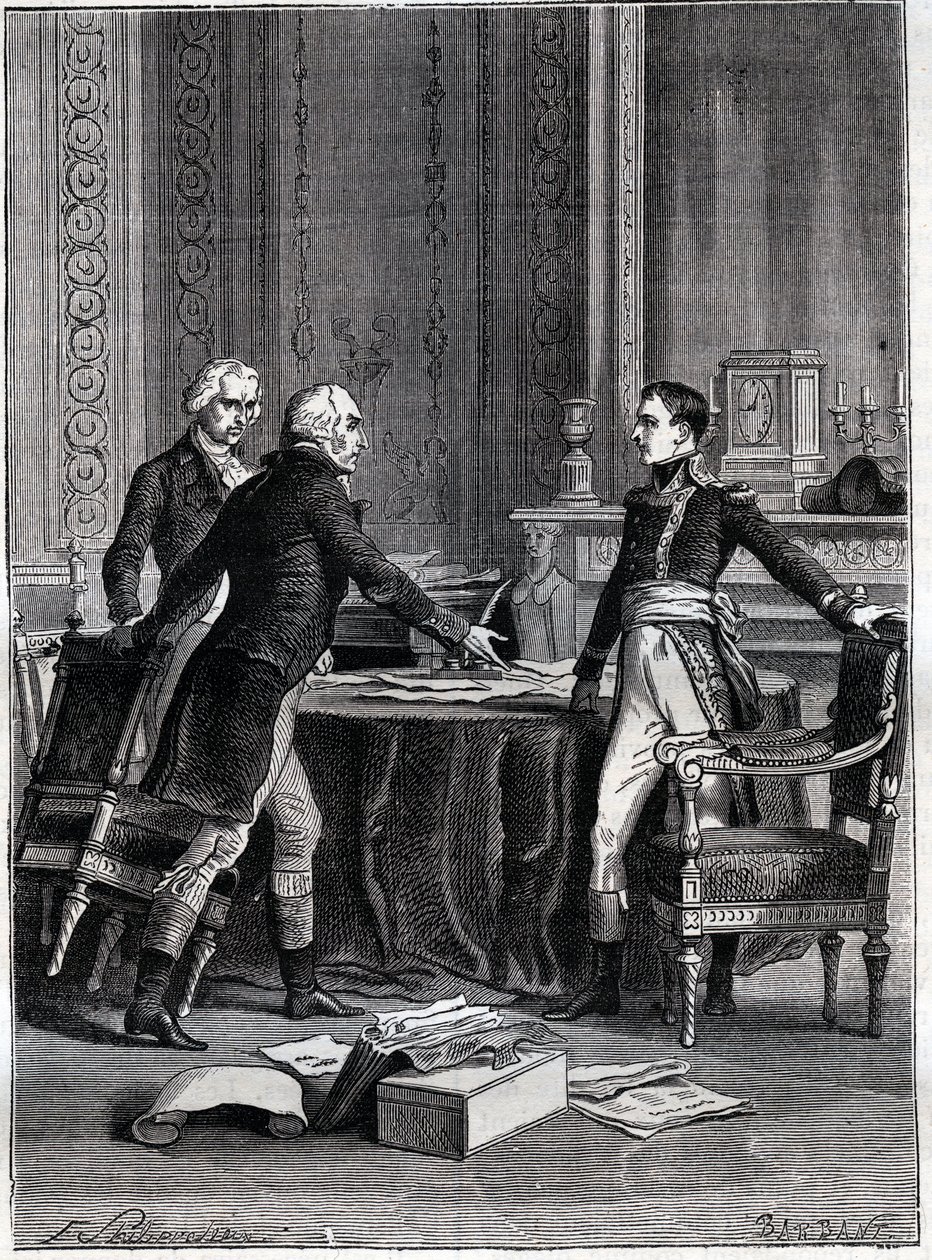 Prima deliberazione dei tre consoli a Lussemburgo - Napoleone Bonaparte, Emmanuel Joseph Sieyes e Pierre Roger-Ducos 1799 - Incisione di Barbant, dopo Philippoteaux - Primo Consolato, 24 Frimaio VIII (15 dicembre 1799), prima riunione del Primo da Felix (after) Philippoteaux