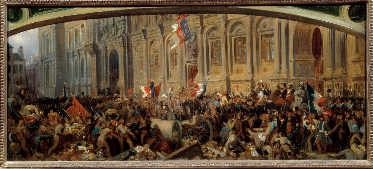 Rivoluzione del 1848: Alphonse de Lamartine (1790-1869), scrittore e politico francese, respinge la bandiera rossa al Municipio il 25/02/1848 da Felix (after) Philippoteaux