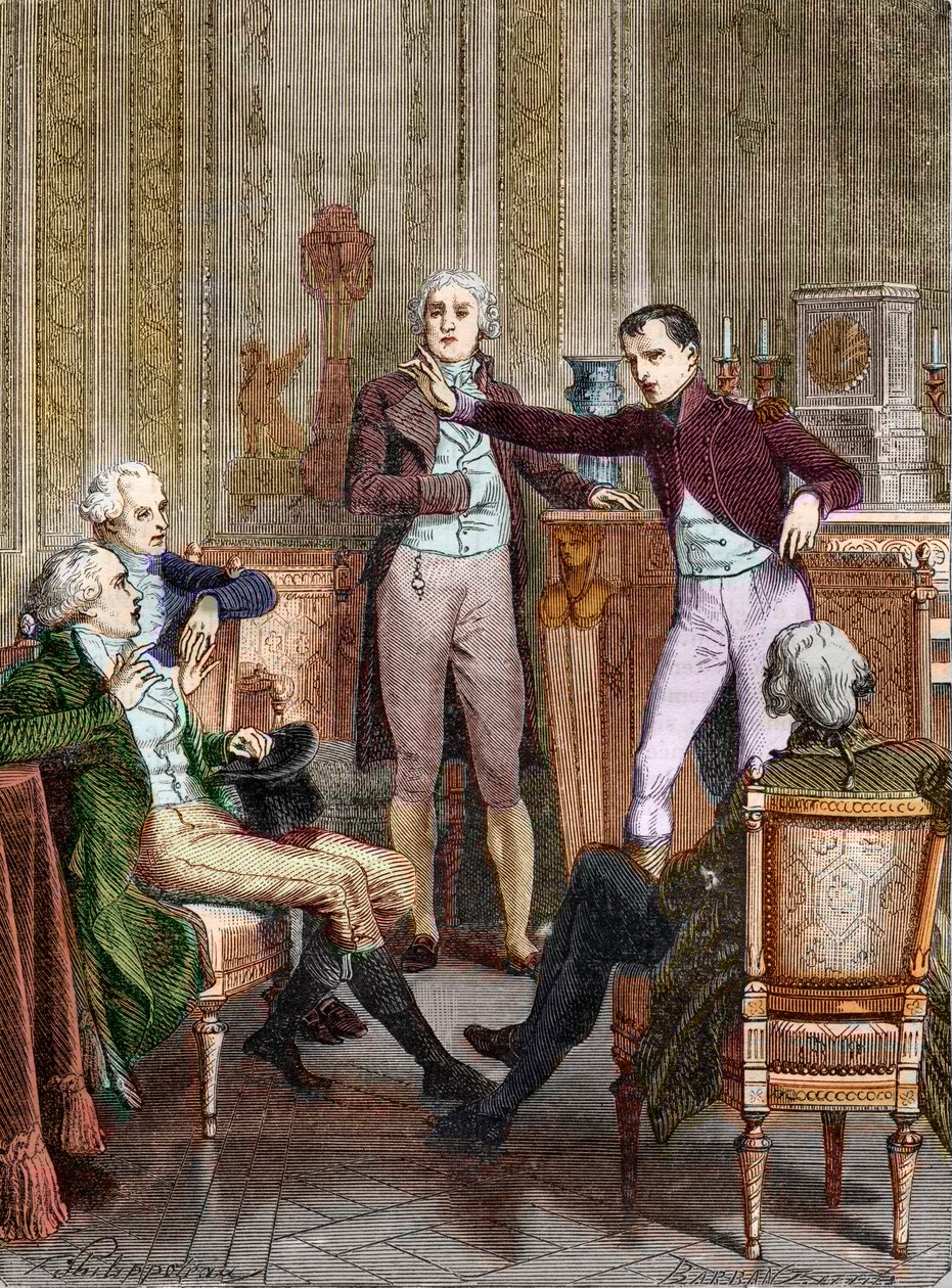 Il Primo Console Bonaparte parla con il matematico Gaspard Monge - Discussione tra Bonaparte, Primo Console, e Gaspard Monge (1746-1818) incisione di Felix Philippoteaux (1815-1884) da Felix (after) Philippoteaux