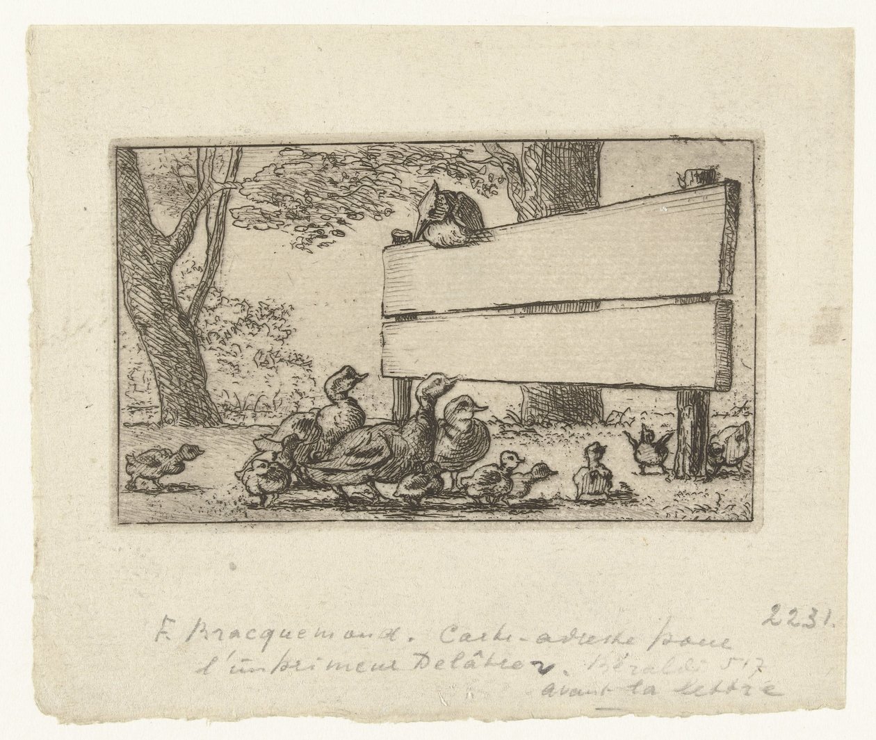 Biglietto da visita con anatre vicino a una recinzione di legno per il tipografo Delâtre da Felix Bracquemond
