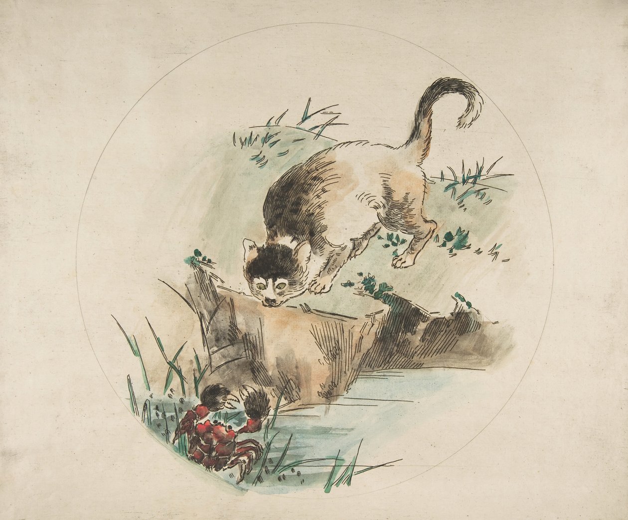 Decorazione per un piatto: un gatto che caccia un granchio da Felix Bracquemond