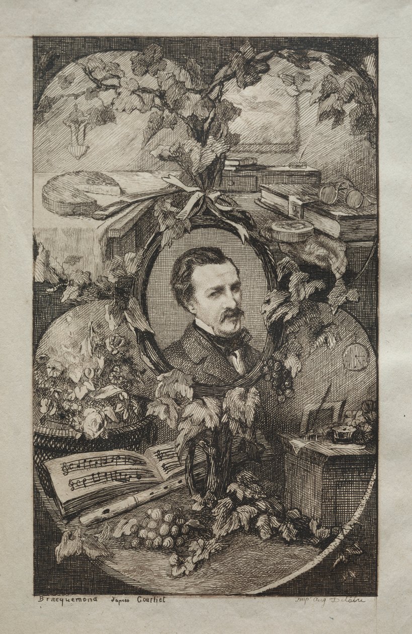 Frontespizio per "Nuove opere di Champfleury, Gli amici della natura": Ritratto di Champfleury, dopo Gustave Courbet da Felix Bracquemond