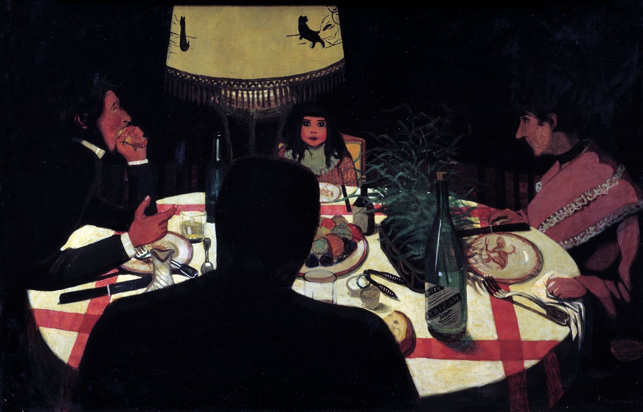 Cena, effetto lampada. Rappresentazione del pittore circondato dalla moglie e dai figli da Felix Edouard Vallotton