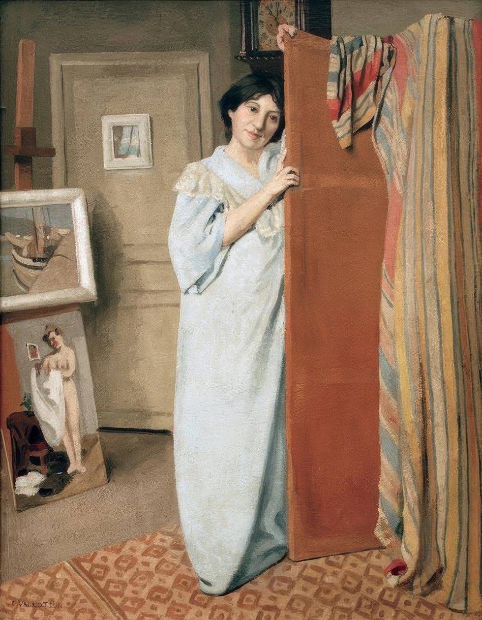 Interno di atelier con la moglie dell