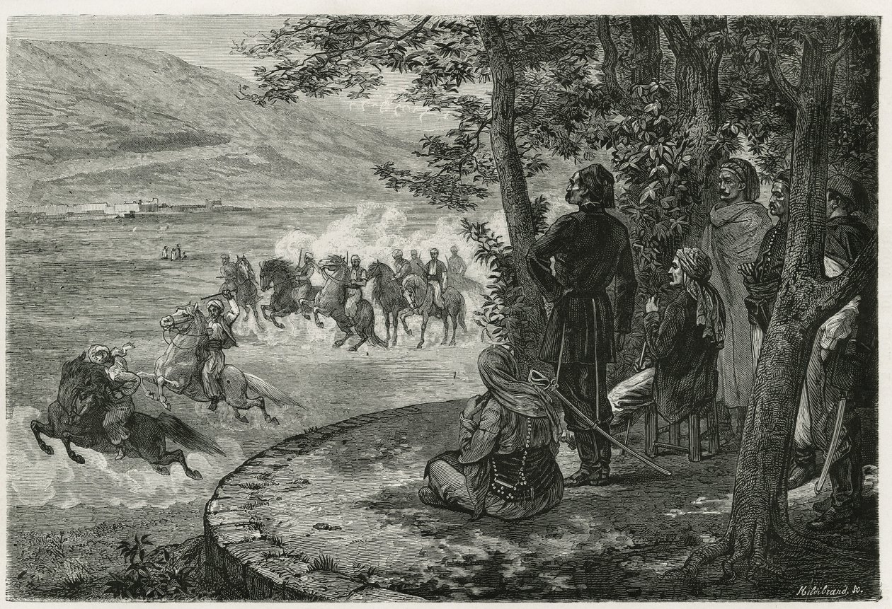 La corsa del djerid, il cavaliere partiva tenendo un bastone corto che rappresentava sia la lancia che il fucile; lo brandiva sopra la testa prima di lanciarlo, incisione di F.Regamey, per illustrare la storia Les Ansaries, di Leon Cahun, incaricato di una da Felix Elie Regamey